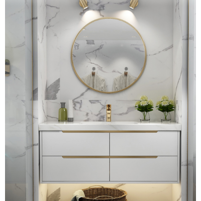 27"Odourless and tasteless white Plywood bath cabinet with round mirror vanity and golden lines